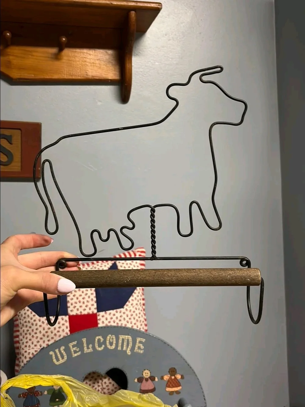 Rustic Black Cow Wire Wall Hook with Wood Accent, Towel Hanger , Farmhouse